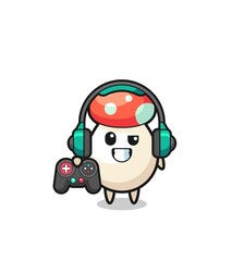 mushroom gamer mascot holding a game controller