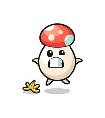 mushroom cartoon is slip on a banana peel