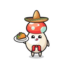 mushroom Mexican chef mascot holding a taco