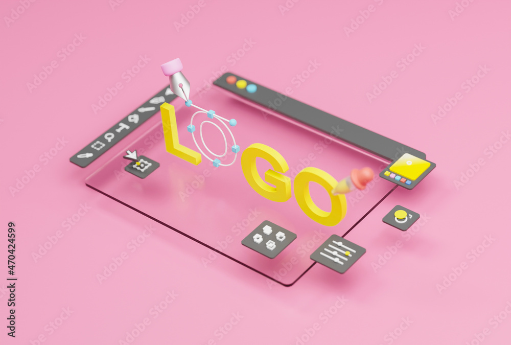 Fototapete Graphic designer creative creator design logo artwork curve pen tool illustration equipment icons digital computer display workspace. Graphic design software. 3d rendering.
