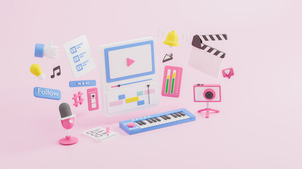 Content creator vlogger blogger influence creative media production videomaking sound live streaming camera microphone podcast social media networks studio like subscribe follow 3d rendering.