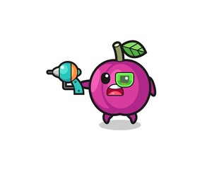 cute plum fruit holding a future gun