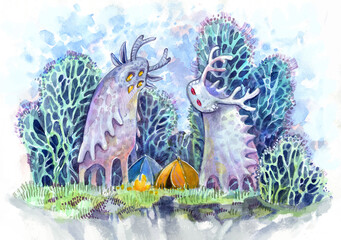 Curious forest spirits, similar to strange fairy animals, look, inspect the tourist tent and the fire in the forest.