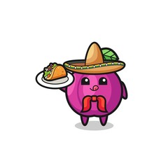 plum fruit Mexican chef mascot holding a taco