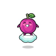 cute plum fruit illustration riding a floating cloud