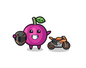 cute plum fruit cartoon as a motorcycle racer