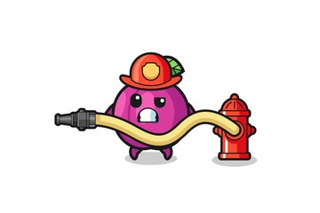 plum fruit cartoon as firefighter mascot with water hose