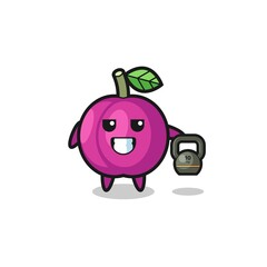 plum fruit mascot lifting kettlebell in the gym