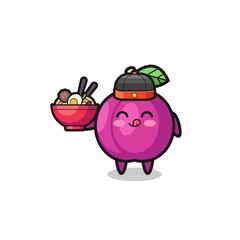plum fruit as Chinese chef mascot holding a noodle bowl