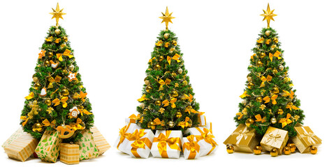 Christmas Tree with Golden Ornaments and Gifts Isolated over White Background, Set of Green Xmas...