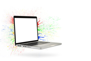 Calibration of laptop screen, monitor color, tablet or laptop. Modern laptop isolated on white with green screen. Multi-colored spray splashes in all directions.