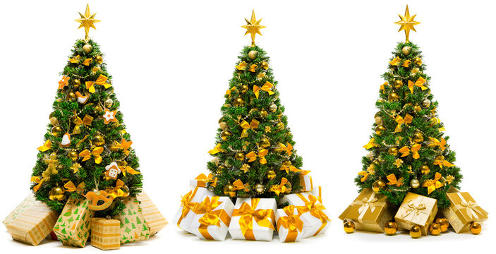 Christmas Tree with Golden Ornaments and Gifts Isolated over White Background, Set of Green Xmas Tree with Present Boxes