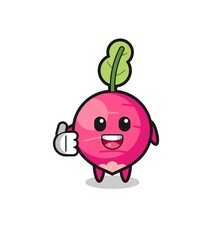 radish mascot doing thumbs up gesture