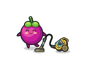 cute mangosteen holding vacuum cleaner illustration