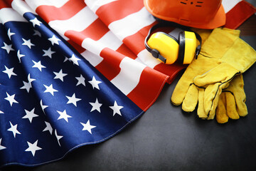 Flapping flag USA with wave. American flag for Memorial Day or 4th of July. Closeup of American...