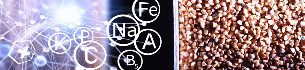 A set of grain cereals. Rice, buckwheat and millet groats in a wooden tray. A grocery set of cereals. Import of grain.