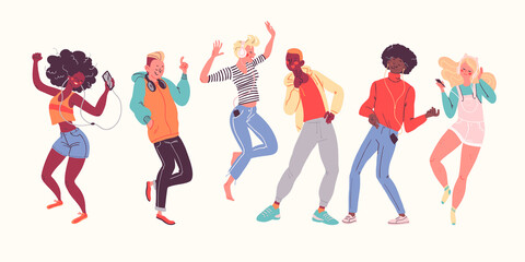 Group of young trendy people listening music in headphones and earphones, jumping, dancing, have fun isolated. Multiracial teens characters portraits. Vector flat cartoon illustration.  