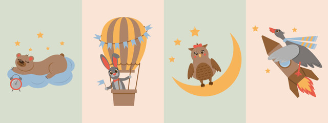 Set cute cards or posters template with cartoon animals - bear, hare, owl,  goose