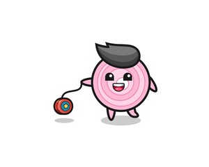 cartoon of cute onion rings playing a yoyo