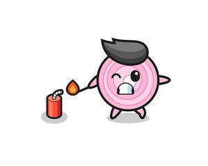 onion rings mascot illustration playing firecracker