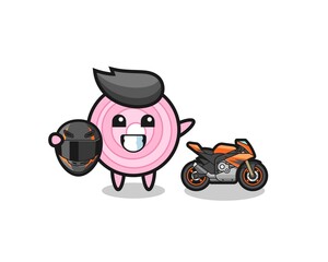 cute onion rings cartoon as a motorcycle racer