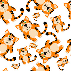 Fototapeta na wymiar Seamless pattern kind and funny tiger. Vector illustration on a white background.