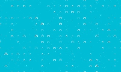 Seamless background pattern of evenly spaced white lesbian symbols of different sizes and opacity. Vector illustration on cyan background with stars