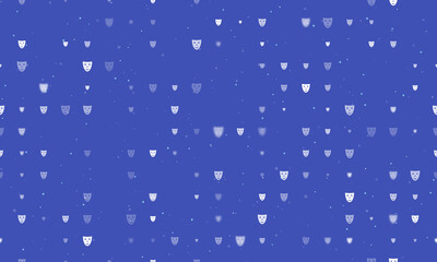 Seamless background pattern of evenly spaced white theatrical masks of different sizes and opacity. Vector illustration on indigo background with stars
