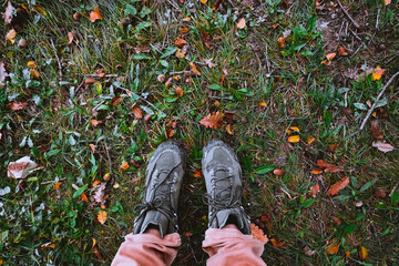 Foot selfie on Dry yellow leaves and acorns on wet grass. Autumn travel - 470428341