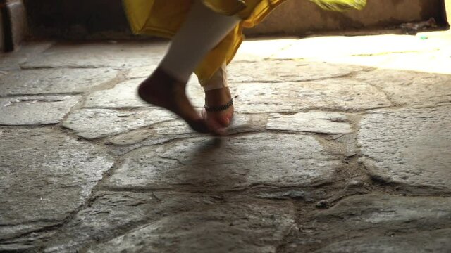 Close up of foot, Indian girl performing classical dance, India