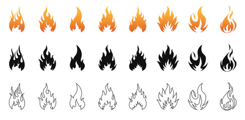 Fire icon collection. Fire flame symbol. Bonfire silhouette logotype. Fire icons for design. concept flame, fire, icon, vector illustration in flat style. Stock vector.