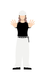 大工の女性のポーズ、「ダメ！」「禁止！」両手を前に突き出す