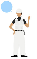 大工のシニア女性のポーズ、指さししながら話す