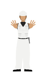 大工のシニア女性のポーズ、「ダメ！」「禁止！」両手を前に突き出す