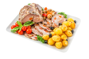 Banquet food dish. Boiled pork meat with potatoes, tomatoes and mushrooms in a plate isolated on white background