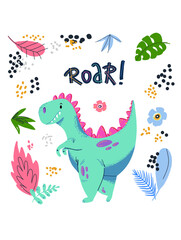 Fototapeta na wymiar Cute cartoon little dinosaur - vector illustration. Cute simple dino, floral elements, roar, Great for designing baby clothes.