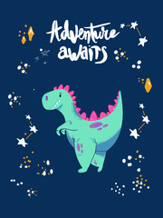 Cute cartoon little dinosaur - vector illustration. Cute simple dino cartoon, stars.Great for designing baby clothes.