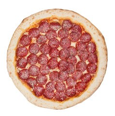 Tasty italian classic original pepperoni pizza. Top view. Isolated on white.