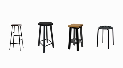 Black Stools Set. Vector isolated editable set of stools 