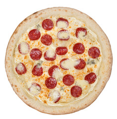 Tasty italian classic original pepperoni pizza. Top view. Isolated on white.