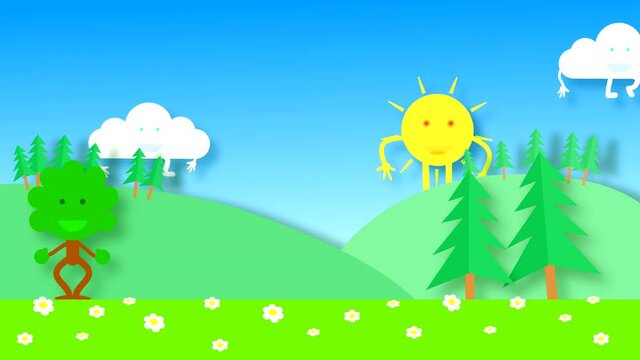 The sun, clouds and a tree with arms and legs move against the backdrop of a landscape with hills and firs. Looped animation with jumping drawn flat characters with face.