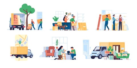 People moving home. Family relocation. Persons packing and loading things into trucks. Transportation furniture and boxes. Workers relocating property. Vector professional movers set