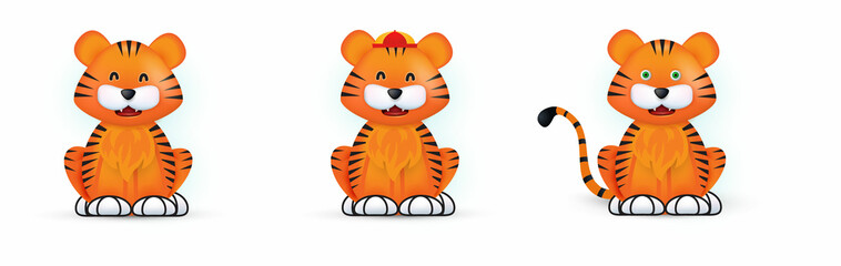 Chinese New Year cute tiger. Funny character in cartoon style. Year of the zodiac Tiger. Isolated on white. Vector