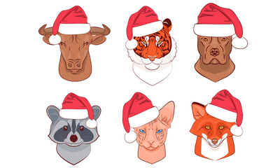 Obraz premium Set of illustrations in lineart style with portraits of animals in santa claus hats. New Year vector illustration. Dog, tiger, raccoon, fox, cat and bull.