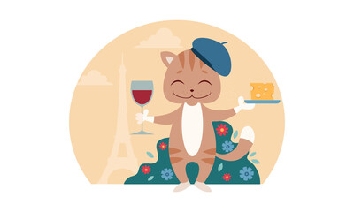 A cute smiling cat in a beret stands against the background of flowers and the Eiffel Tower and holds a glass of wine and cheese in his paws. Vector illustration.