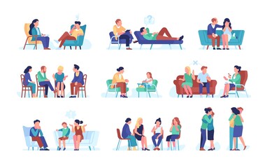 Fototapeta premium People at psychologist. Psychological consultations, moral support, assistance, depressed people with problems, couples, children and parents therapy, psychotherapy vector isolated set