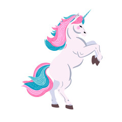 Obraz na płótnie Canvas White prancing unicorn with pink and blue hair. Unicorn vector illustration isolated on white. 