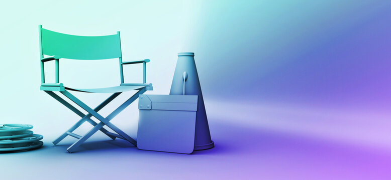 Minimal movie director`s chair, background with copy space for text. Classic cinema 3D render, concept template