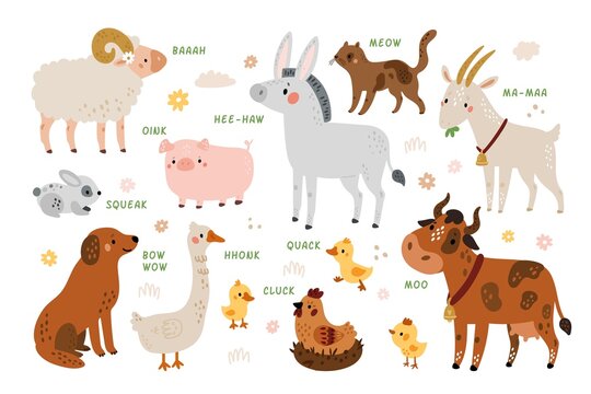 Animals talking. Funny farm characters sounds, domestic fauna, poultry and cattle yard inhabitants, Pigs and cows speech, educational guide for kids, vector cartoon flat isolated set