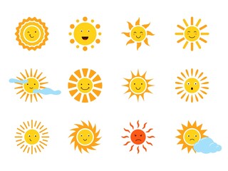 Sun characters. Different emotions cartoon cute sunshine faces, funny solar symbols, kids elements with smiles, anger and sadness, sunny and cloudy weather, vector isolated set